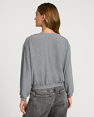 Ribbed V-Neck Long Sleeve Button Front Tee