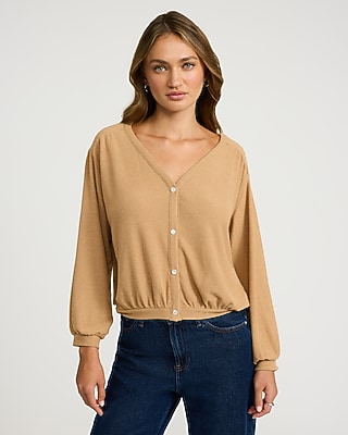 Metallic V-neck Long Sleeve Twist Front Draped Top | Express