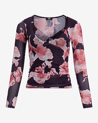 Floral Mesh V-Neck Long Sleeve Top