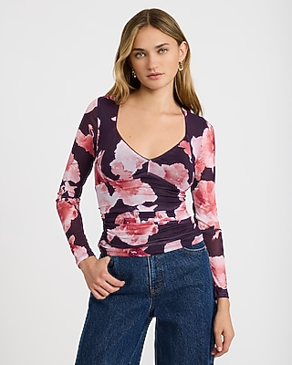 Floral Mesh V-Neck Long Sleeve Top