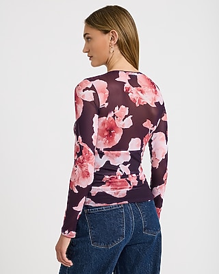 Floral Mesh V-Neck Long Sleeve Top