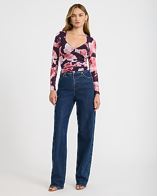 Floral Mesh V-Neck Long Sleeve Top