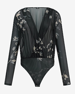Floral Mesh V-Neck Surplice Long Sleeve Bodysuit