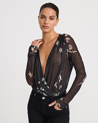 Floral Mesh V-Neck Surplice Long Sleeve Bodysuit