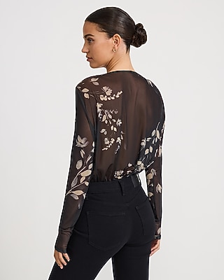 Floral Mesh V-Neck Surplice Long Sleeve Bodysuit