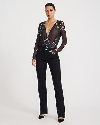 Floral Mesh V-Neck Surplice Long Sleeve Bodysuit