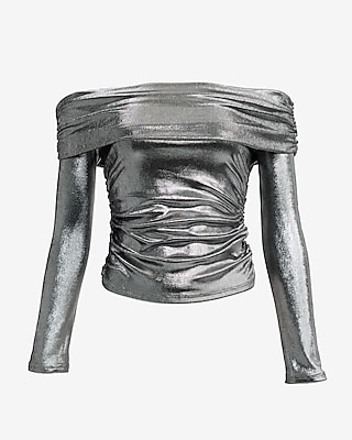 Metallic Fold Over Off The Shoulder Long Sleeve Ruched Top