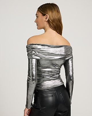 Metallic Fold Over Off The Shoulder Long Sleeve Ruched Top