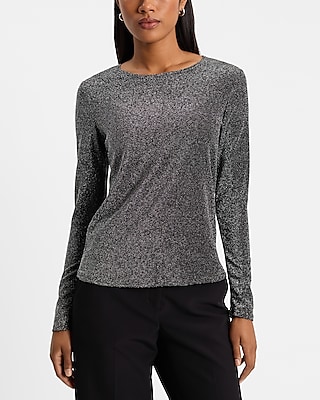 Fitted Glitter Crew Neck Long Sleeve Tee | Express