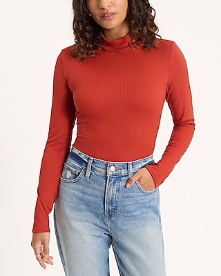 Fitted Ribbed Mock Neck Long Sleeve Tee