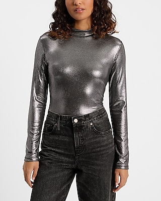 Shine Fitted Ribbed Mock Neck Long Sleeve Tee