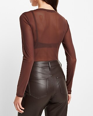 Fitted Mesh Deep V-neck Bodysuit | Express