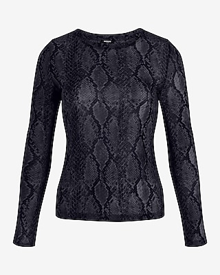 Fitted Mesh Snakeskin Crew Neck Long Sleeve Tee