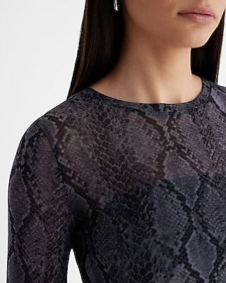 Fitted Mesh Snakeskin Crew Neck Long Sleeve Tee
