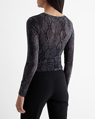 Fitted Mesh Snakeskin Crew Neck Long Sleeve Tee
