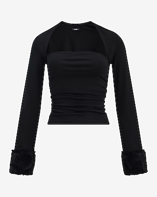 Long Sleeve Faux Fur Cuff Ruched Top