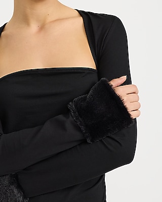 Long Sleeve Faux Fur Cuff Ruched Top