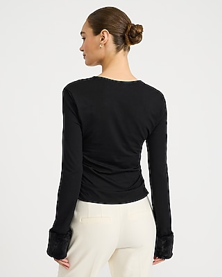 Long Sleeve Faux Fur Cuff Ruched Top