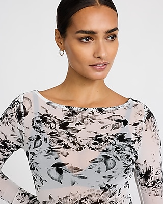Floral Flocked Mesh Long Sleeve Bodysuit