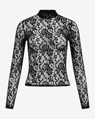 Sheer Lace Mock Neck Long Sleeve Top