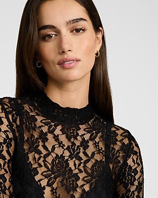 Sheer Lace Mock Neck Long Sleeve Top