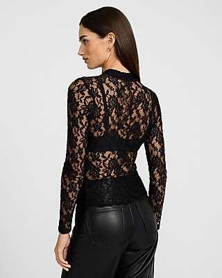 Sheer Lace Mock Neck Long Sleeve Top