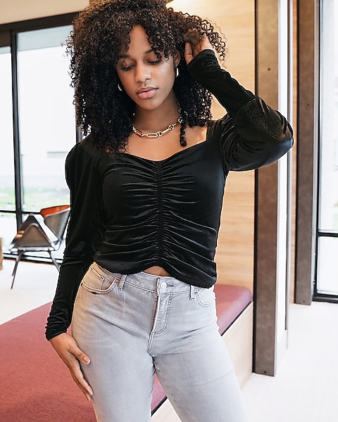 Shape Black Ribbed Long Sleeve Ruched Front Crop Top