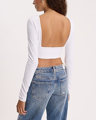 Crew Neck Long Sleeve Open Back Cropped Tee | Express
