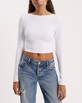 Crew Neck Long Sleeve Open Back Cropped Tee | Express