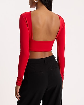 Crew Neck Long Sleeve Open Back Cropped Tee