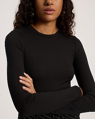 Fitted Ribbed Crew Neck Long Sleeve Tee