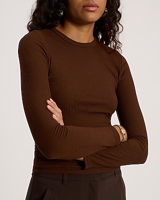 Fitted Ribbed Crew Neck Long Sleeve Tee