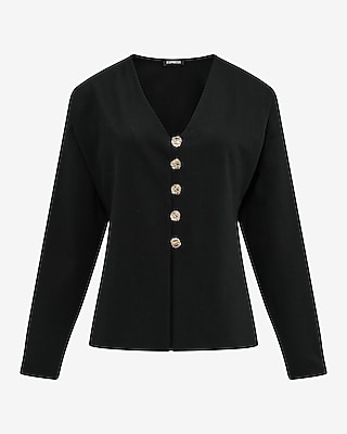 Ponte V-Neck Long Sleeve Novelty Button Cutaway Top