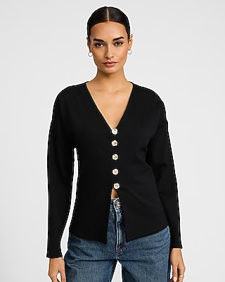 Ponte V-Neck Long Sleeve Novelty Button Cutaway Top