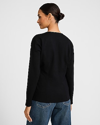 Ponte V-Neck Long Sleeve Novelty Button Cutaway Top