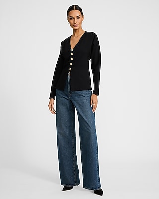Ponte V-Neck Long Sleeve Novelty Button Cutaway Top