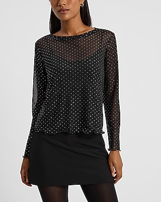 Mesh Studded Crew Neck Long Sleeve Tee
