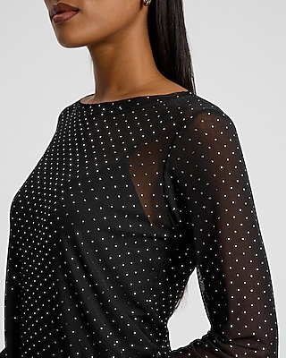 Mesh Studded Crew Neck Long Sleeve Tee