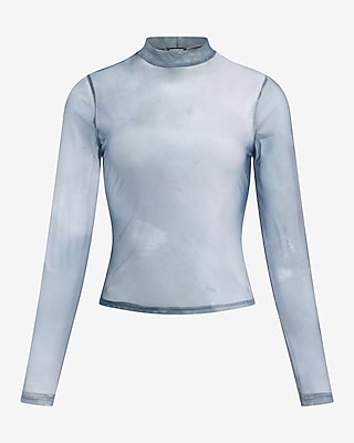 Mesh Printed Mock Neck Long Sleeve Tee