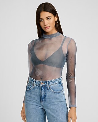 Mesh Printed Mock Neck Long Sleeve Tee