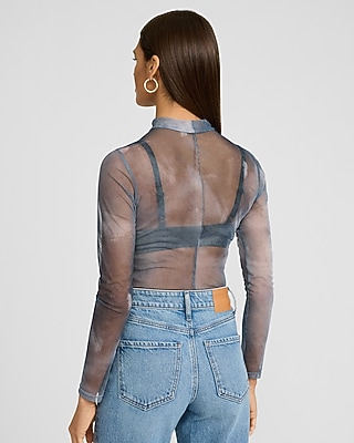 Mesh Printed Mock Neck Long Sleeve Tee