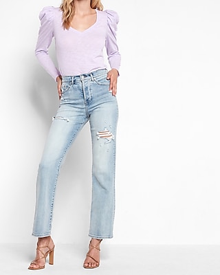 Skimming V-Neck Puff Shoulder Long Sleeve Tee