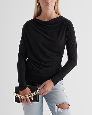 Skimming Cowl Neck Long Sleeve Ruched Tee