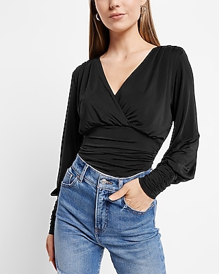 Eyelet V-neck Flutter Sleeve Ruched Tie Waist Top