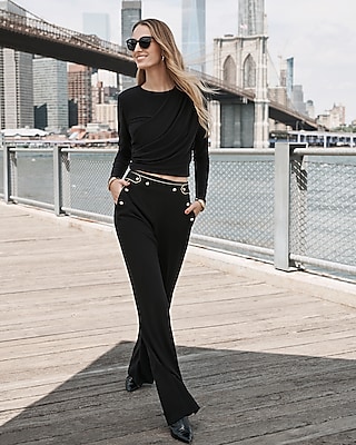 Matte Crew Neck Long Sleeve Draped Cropped Top