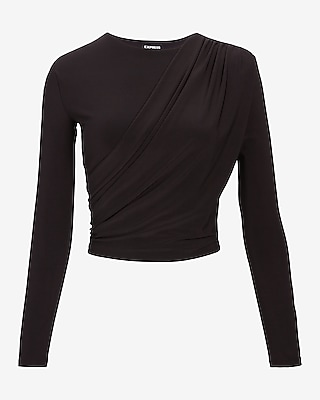 Matte Crew Neck Long Sleeve Draped Cropped Top