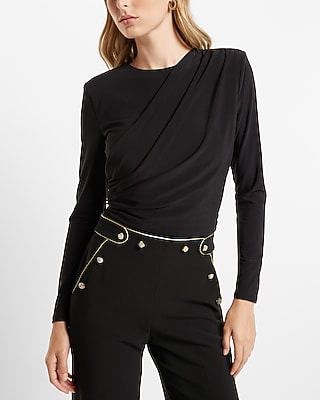 Matte Crew Neck Long Sleeve Draped Cropped Top