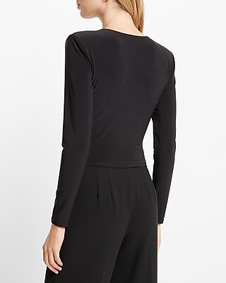 Matte Crew Neck Long Sleeve Draped Cropped Top
