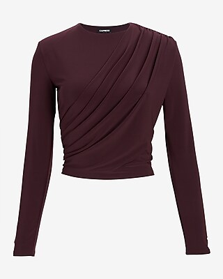Matte Crew Neck Long Sleeve Draped Cropped Top