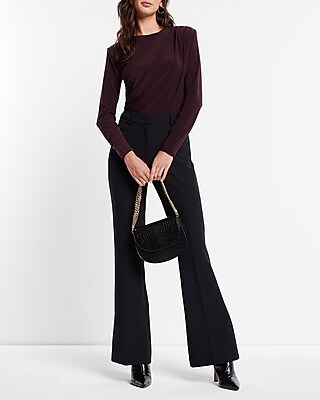 Matte Crew Neck Long Sleeve Draped Cropped Top